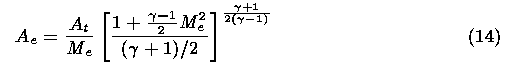  Ae = At/Me * ((1 + ((gamma)-1)/2 Me^2)/(((gamma)+1)/2))^(((gamma)+1)/2((gamma)-1))	(14)